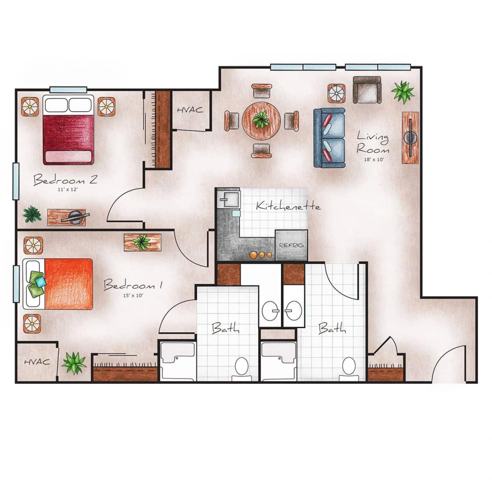 Assisted Living Two Bed / Two Bath 963 sq. ft.