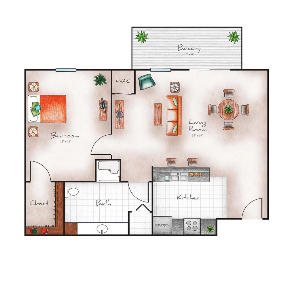 Independent Living One Bed / One Bath 832 sq. ft.