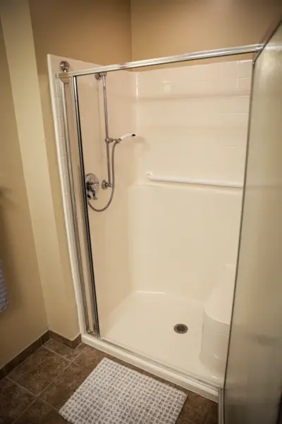 Fountain View Senior Living apartment walk in shower with bench