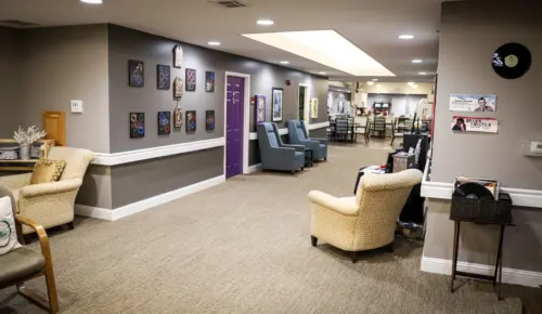 Fountain View Senior Living memory care hallway with chairs