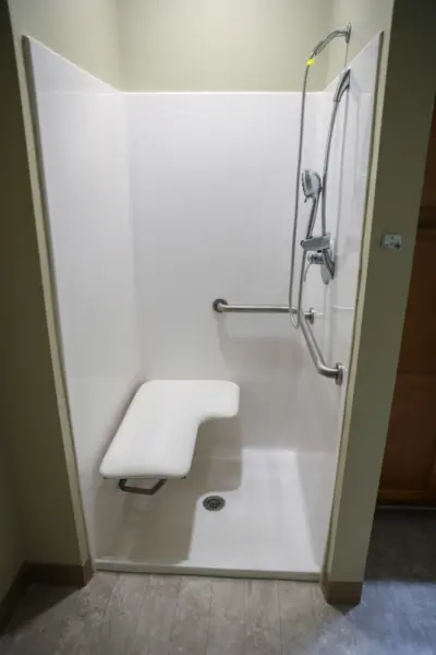 Heritage Ridge assisted living apartment walk-in shower with seat