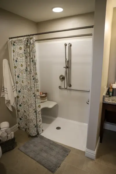 Orchard Point at Creek Valley independent living Apartment bath with walk-in shower and seat